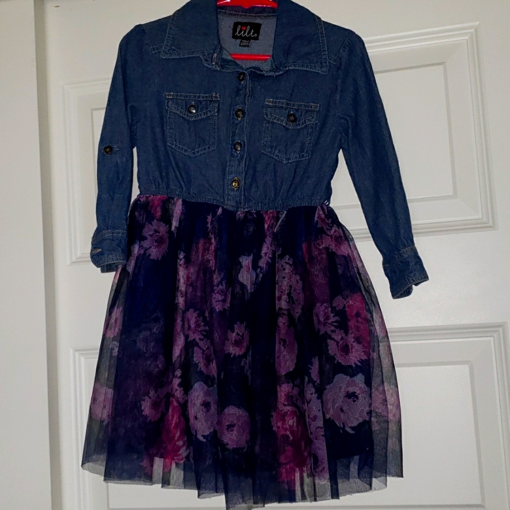 Denim and purple dress, light wear dress. Purple flowers. Size XXS 4/5